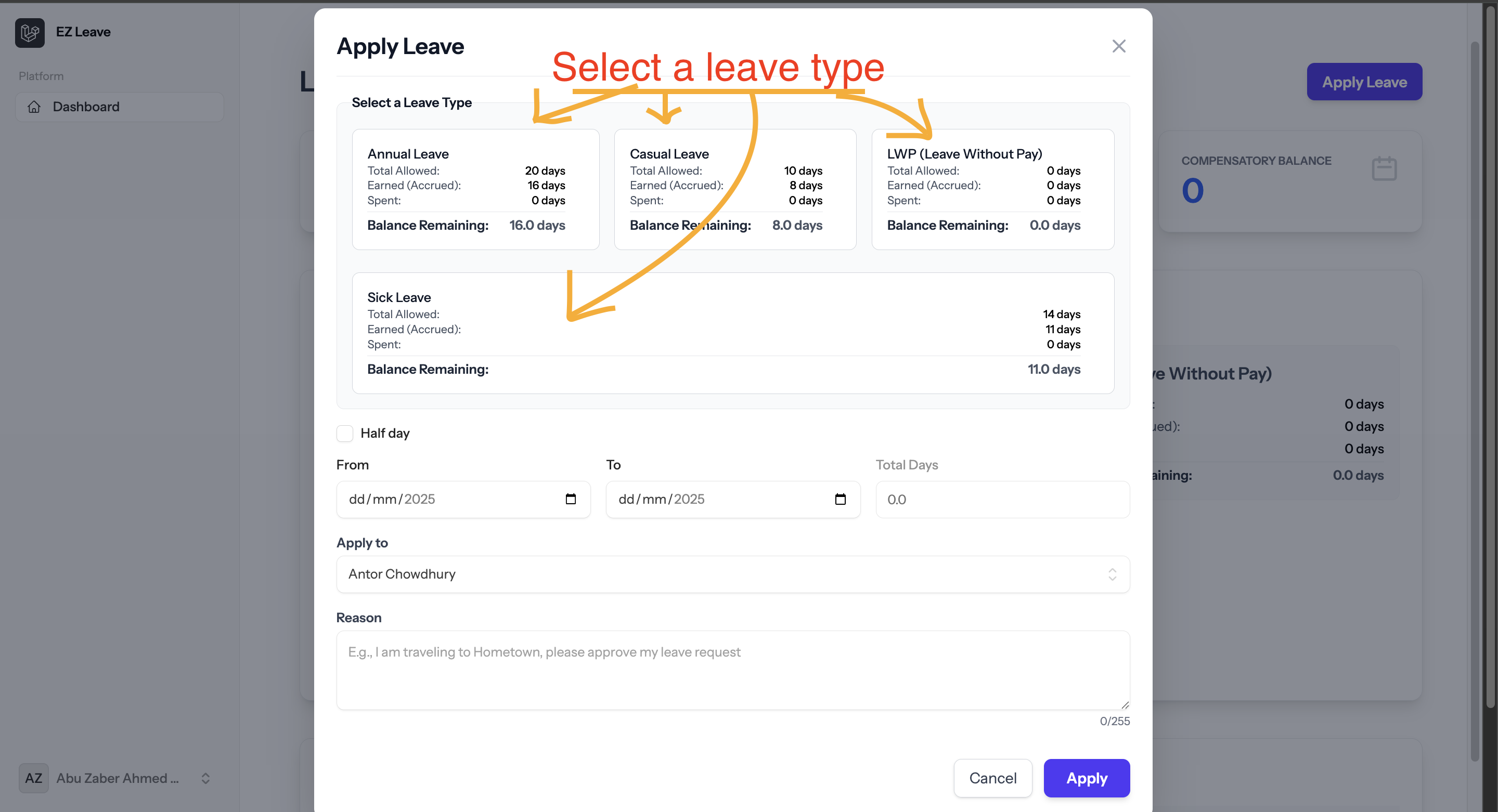 Select Leave Type